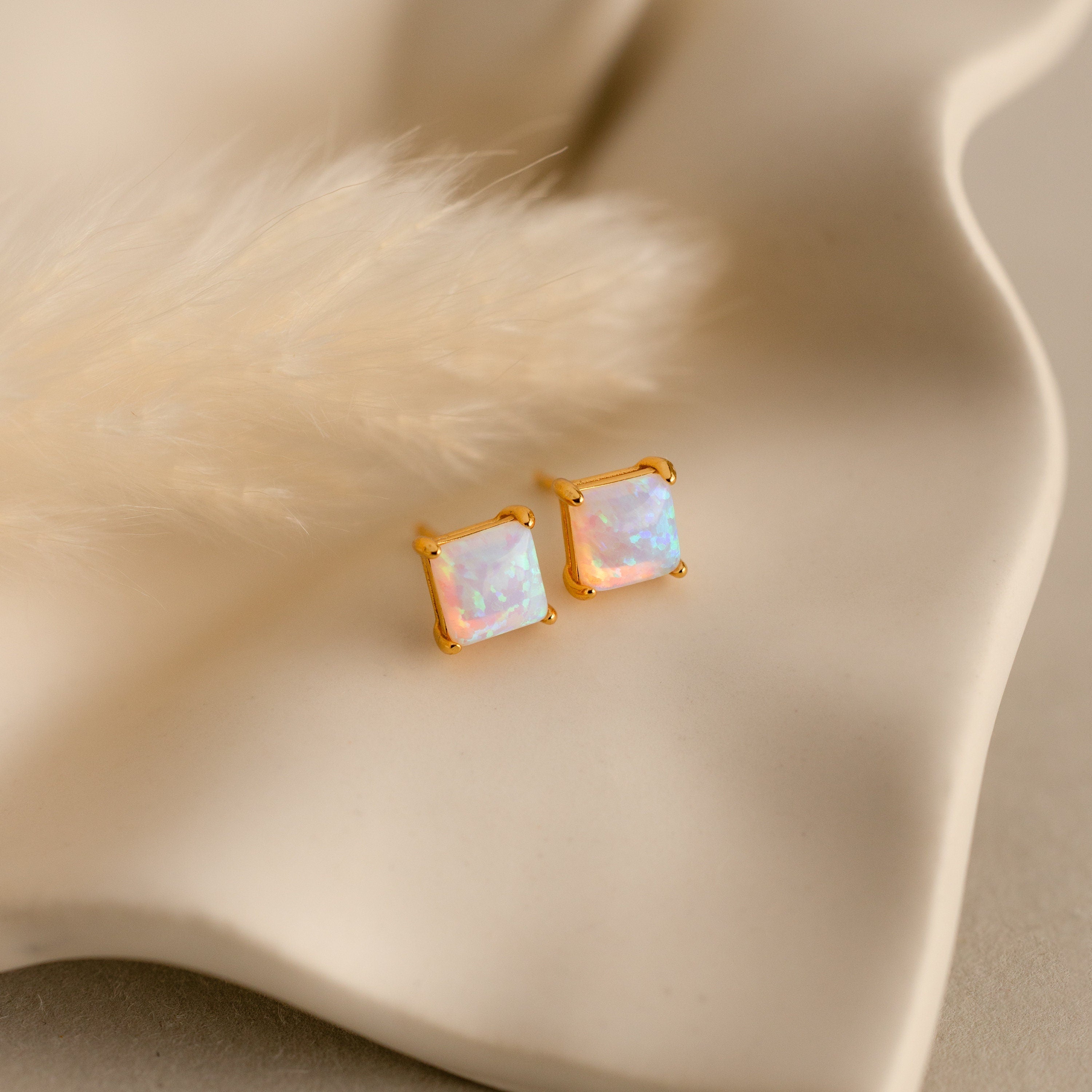 Princess Cut Opal Studs 18K Gold